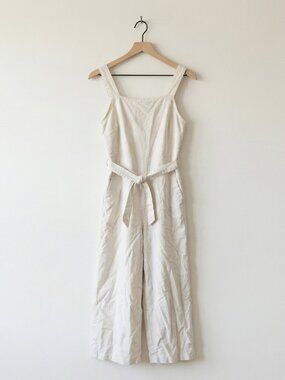 Tee Ink Linen Cotton Wide Leg Jumpsuit Belted Natural Cream US 2